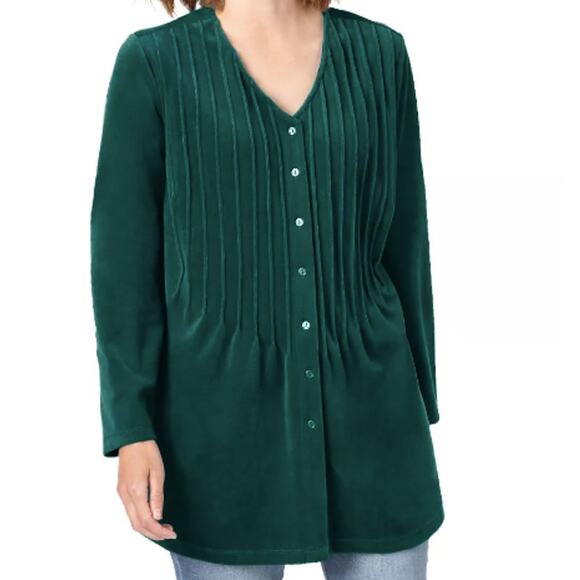 Woman Within Tops - Woman Within Women's Knit Velvet Tunic A-Line Button Down Plus Size 3X Green
